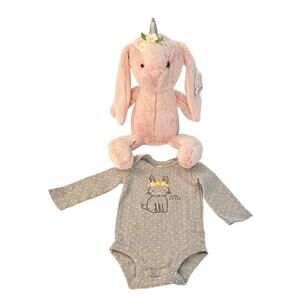 Bundle of Baby Bunny Onesie &16" NWT Pink Unicorn Bunny Size 6 Months.